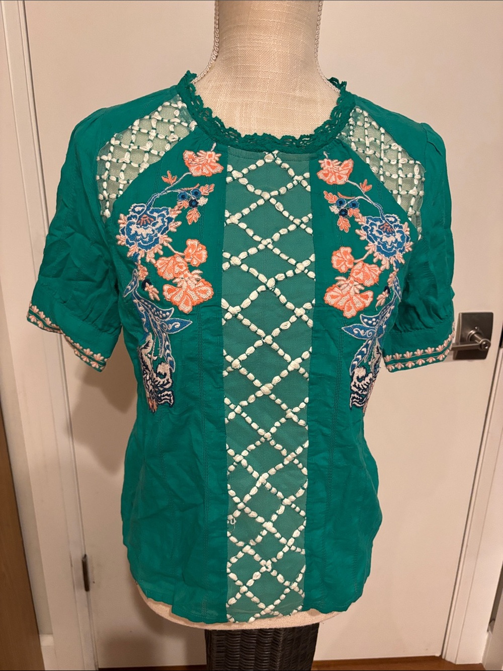 Anthropologie Maeve Embroidered Lace Panel Boho Blouse Teal Green - Size 0